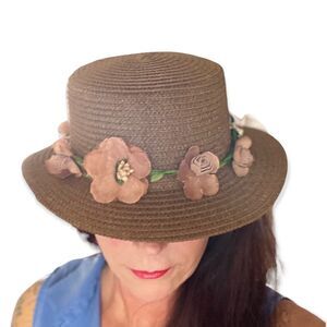 Brown Floral Lace Ribbon Band Summer Straw Sun Hat NEW